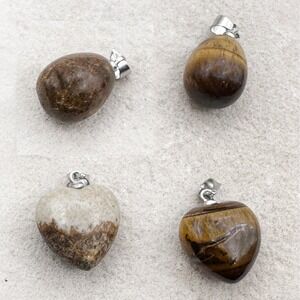 LOT 4 Natural Tiger Eye Jasper Earth Stone Pendants 2 Hearts 2 Teardrops Small